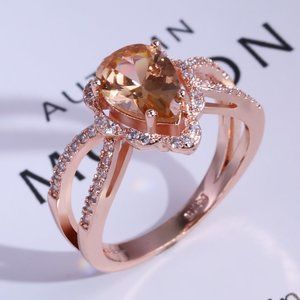 Elegant Pear Zircon Double Layer Rose Gold Water Drop Ring for Women, VIP542
